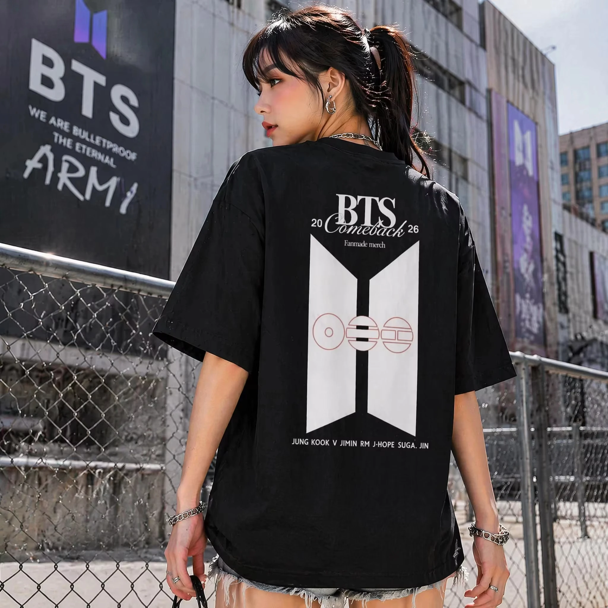 2026 BTS World Tour Group Back View Silhouette Graphic T Shirt Boys Double Sided Print Unisex Oversized Cotton Short