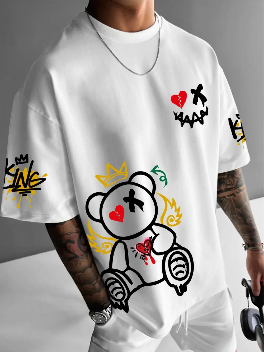 New men's summer personalized teddy bear smiley face print soft and breathable round neck T-shirt outdoor street top
