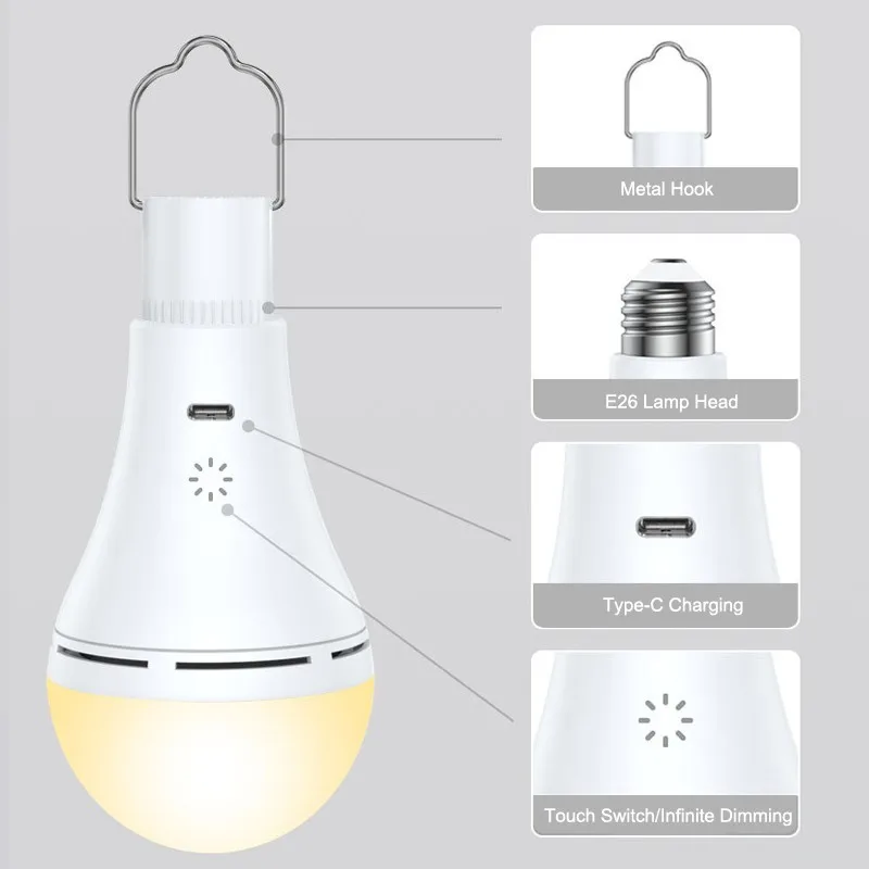 ZAOXI USB-oplaadlamp E26 9W Touch Control Dimmen Tri Kleurtemperatuur Afstandsbediening Timing 3000K-6000K LED-lamp