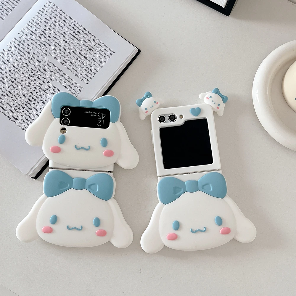 3D Stand Sanrio Cinnamoroll with Silicone Lanyard Phone Case for Samsung Galaxy Z Flip 3 4 5 5G PC Soft Anti-drop Back Cover