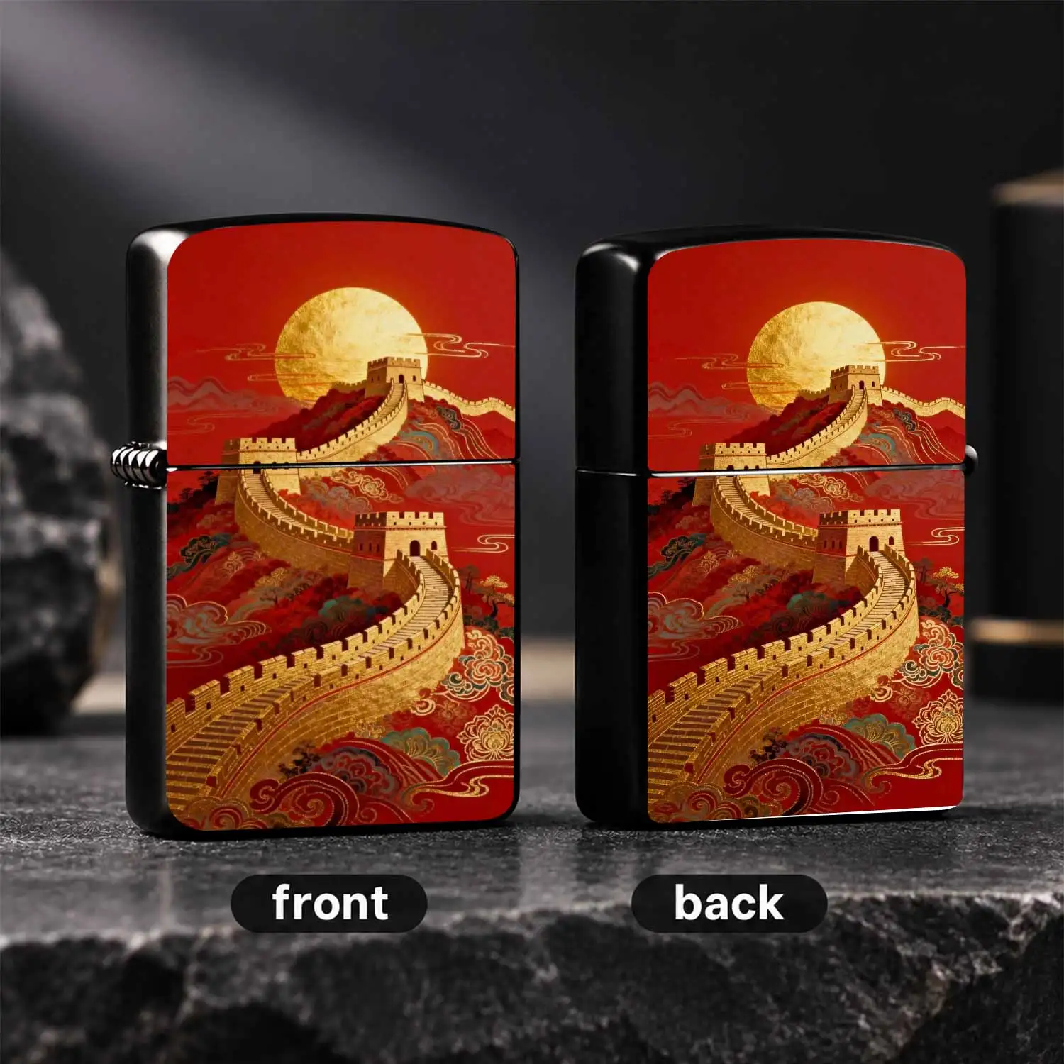 Exquisite Lighter With Gilded Great Wall Full Moon National Chic Theme, Festive Red Tone With Traditional Auspicious Patterns, Suitable For Daily, Travel, Outdoor And All Scenarios, Durable Portable Nice Item For Personal Use Or Gifting, Sh