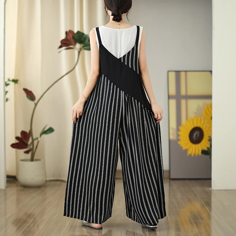 Trendy kleur Blo gestreepte overall loszittende verbergen flatterende wijde pijpen broek zomer casual hoge taille negen P...