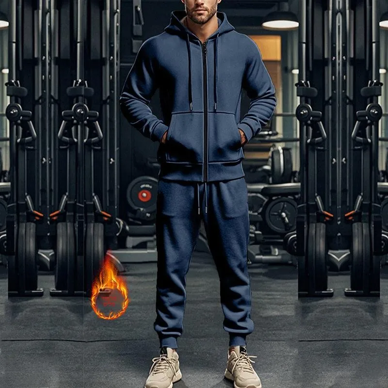 

Autumn Style Heavyweight Color Long Sleeve Hooded Sport Casual Set Fleece Warm Two Piece Set Men's Fashion Outerwear