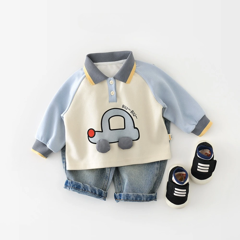 2026 Spring New Children Long Sleeve Cartoon Sweatshirt Boys Girls Car Print Pullover Tops Baby Cotton Casual Sweatshirt