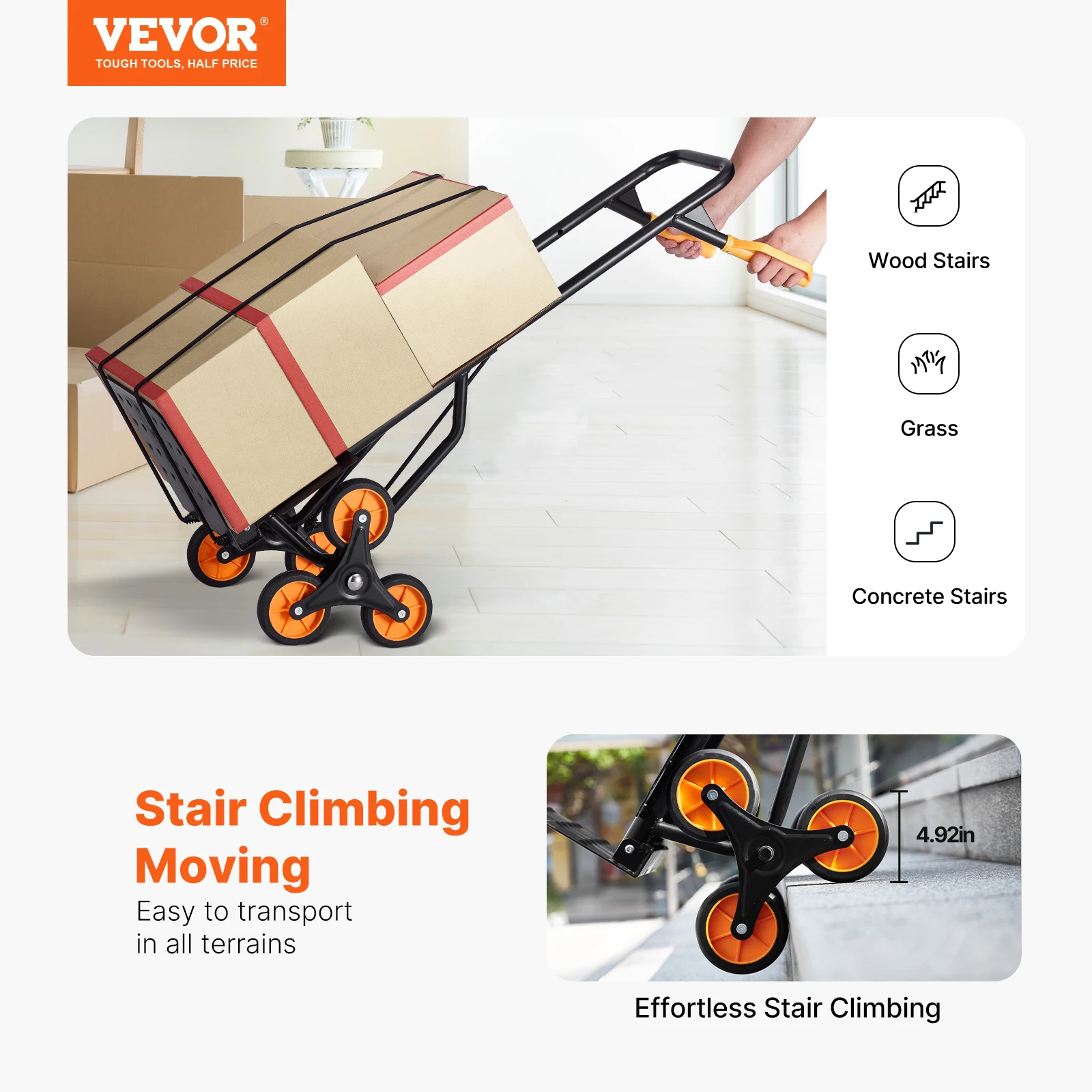 VEVOR 440 lbs Folding Hand Truck Dolly with Handle 6 Wheels & 2 Elastic Ropes Stair Climbing Cart for Shopping Moving Warehouse