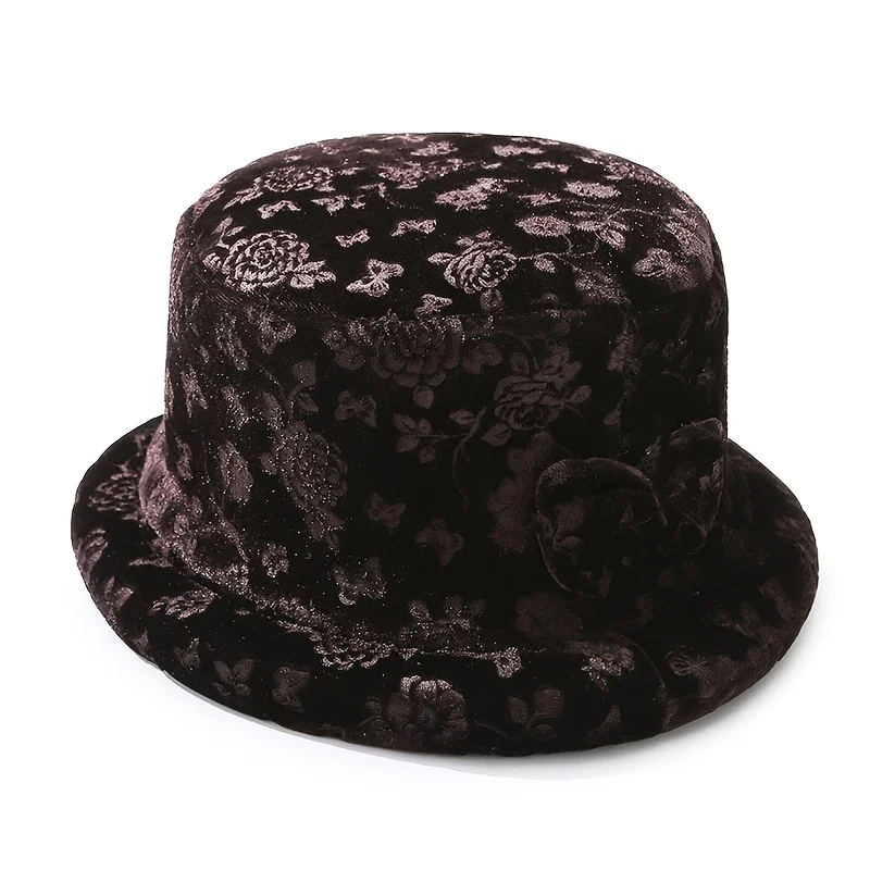 1 x eleganter Damen-Eimerhut mit Blumenmuster und Schmetterlingsschnalle, leicht und warm, ideales Muttertagsgeschenk, Wintermütze – Detail 5