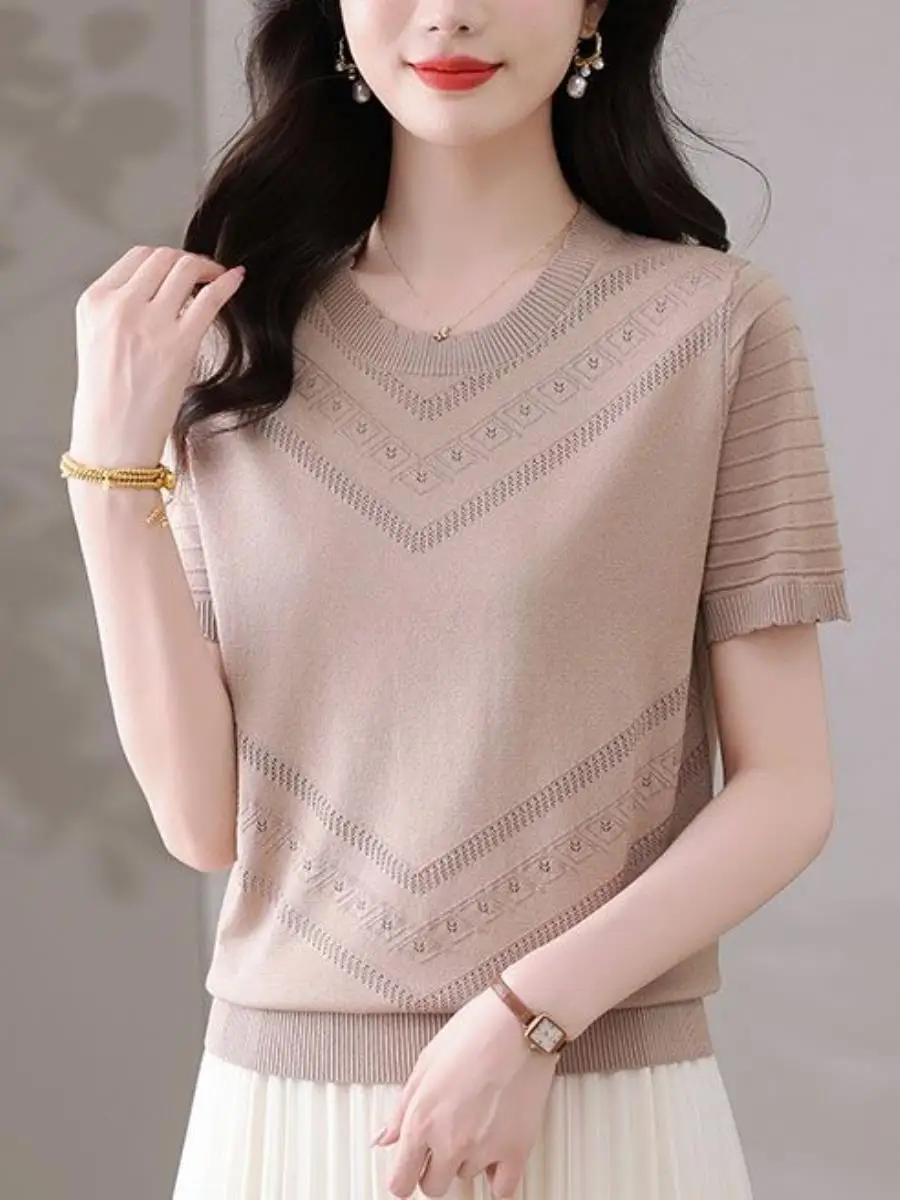 2026年夏-レディース-ニット半袖tシャツ-透かし彫り-薄手-ラウンドネック-ツーピースセット-無地-ルーズフィット-カジュアルウェア