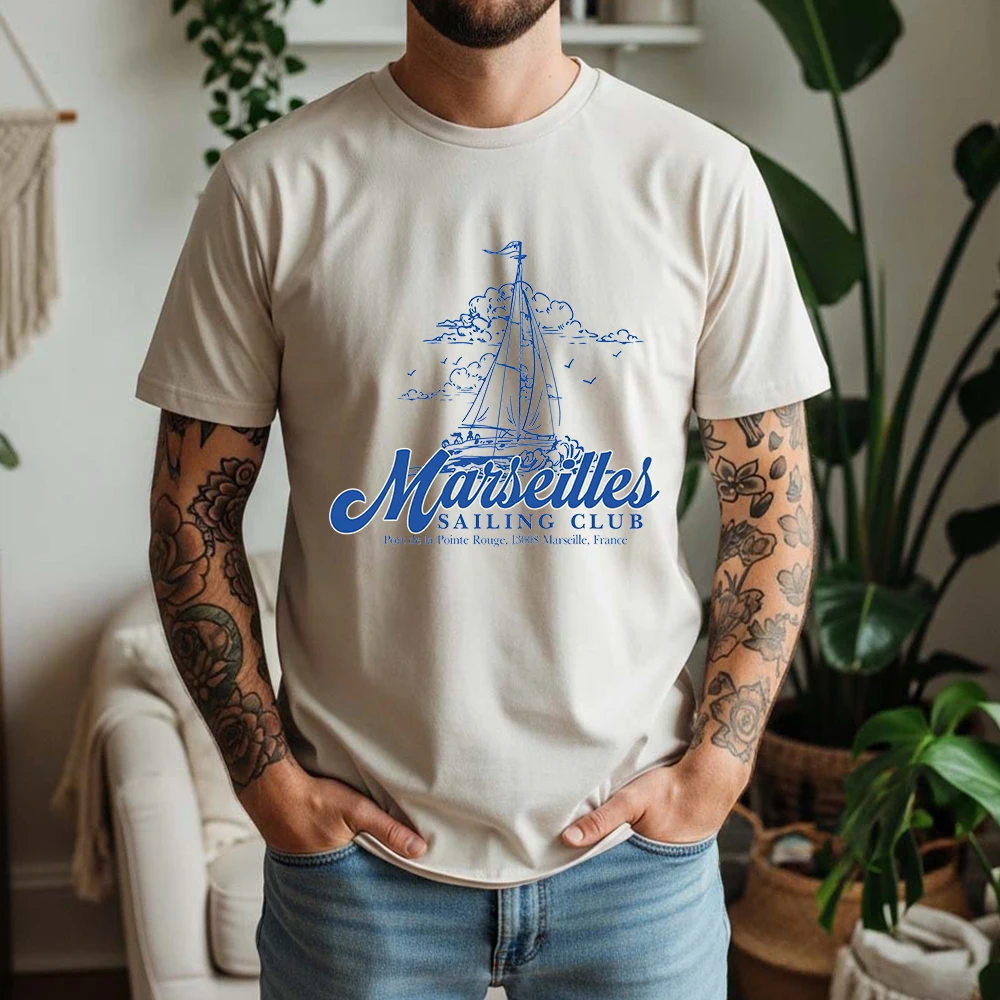 New Summer Men's 100% Cotton Short Sleeve T Shirt Retro Marseilles Coastal Sailing Graphic Print Breathable Casual Daily Tees
