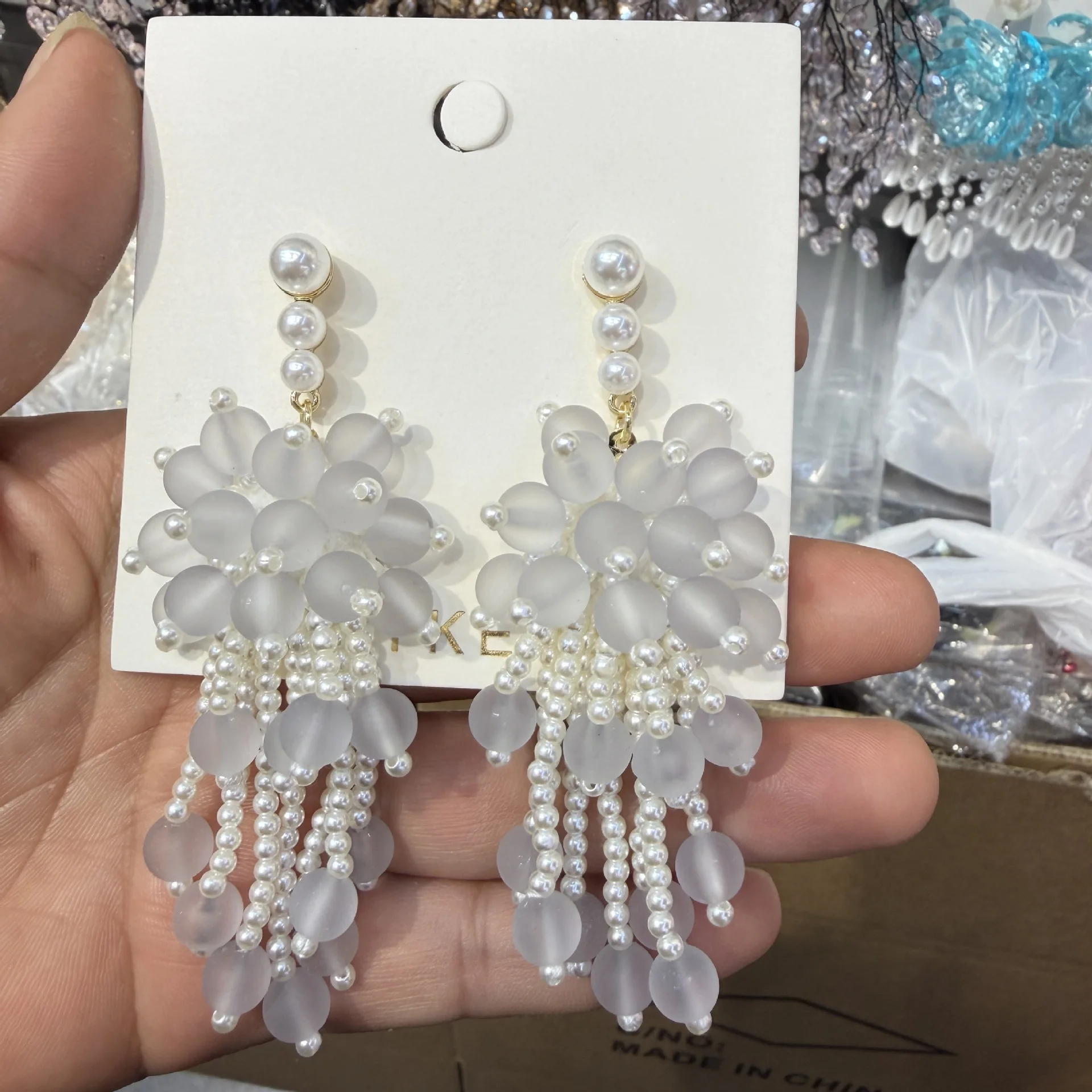 Elegant acrylic flower imitation pearl tassel silver needle earrings sweet temperament resort style high sense earrings women