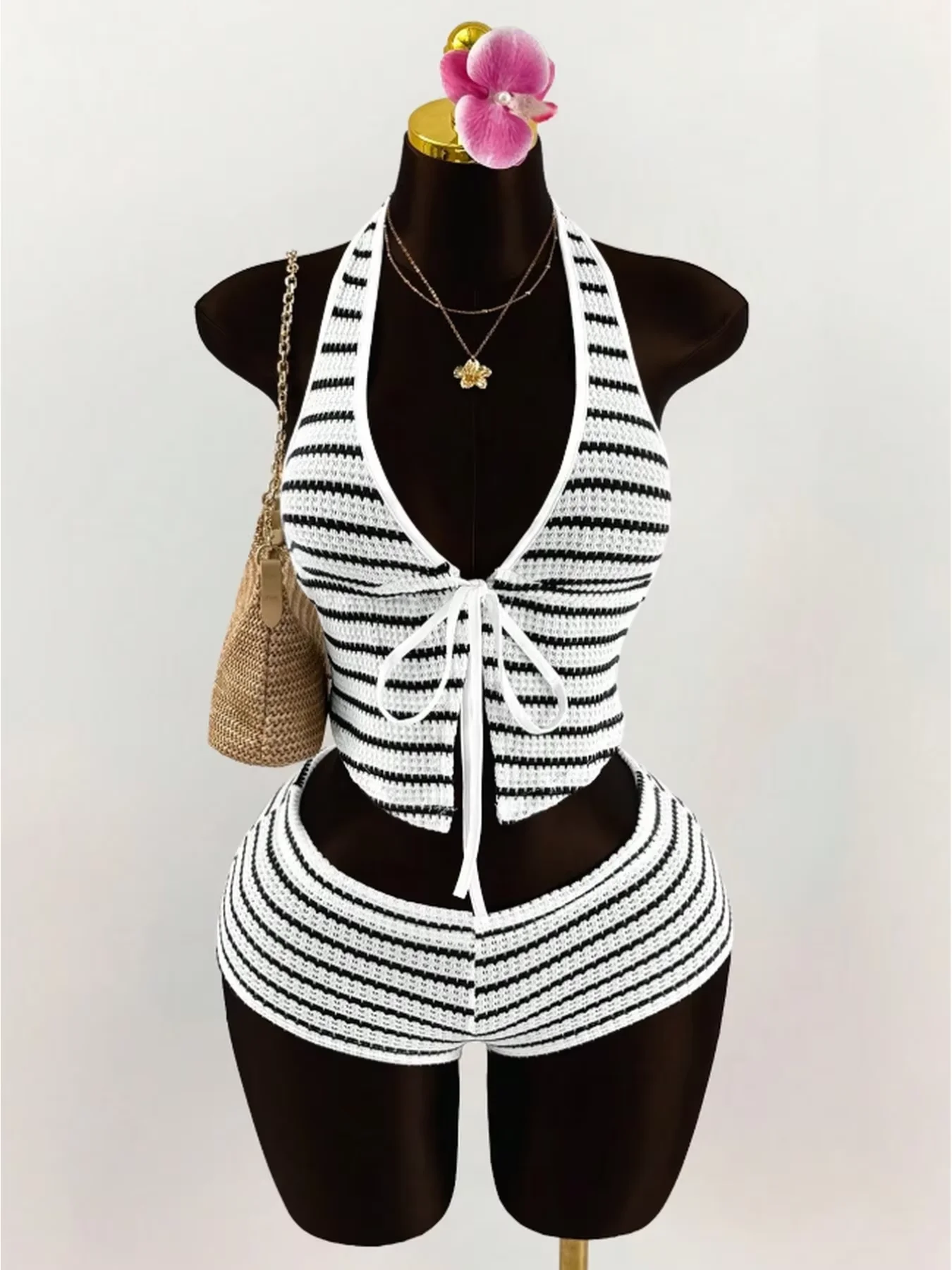 Women Two Piece Set Black White Striped Halter Tie Up Crop Top Low Waist Shorts Knit Comfy Beach Summer Vacation Trendy Y2K Chic