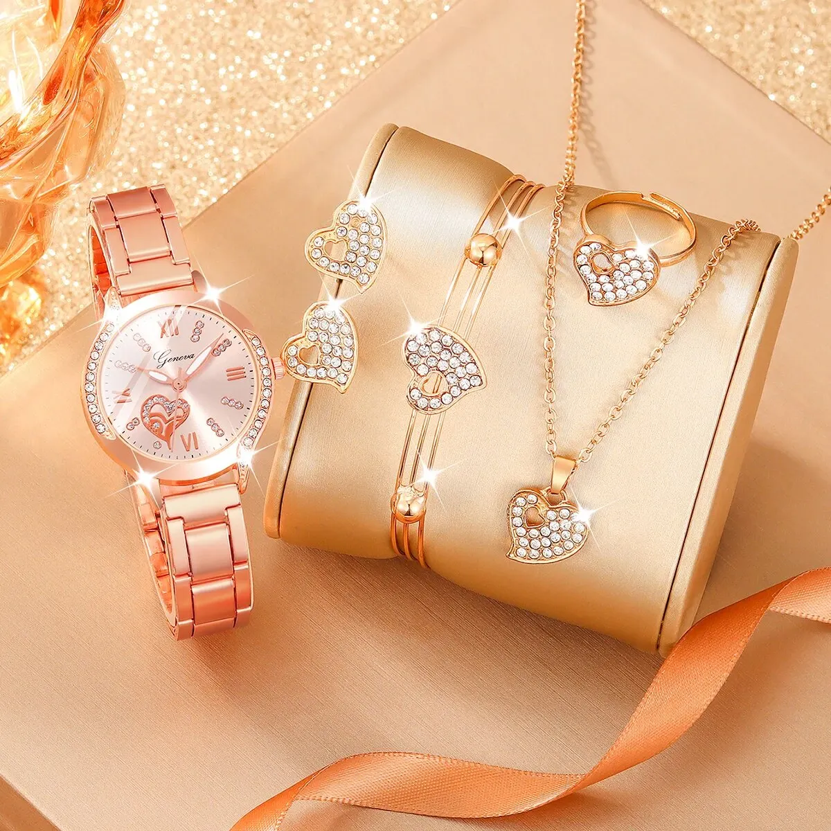 6Pcs Ladies Fashion Simple Designer Star Roman Rhinestone Steel Band Quartz Watch Luxury Pearl Rhinestone Love Jewelry Set