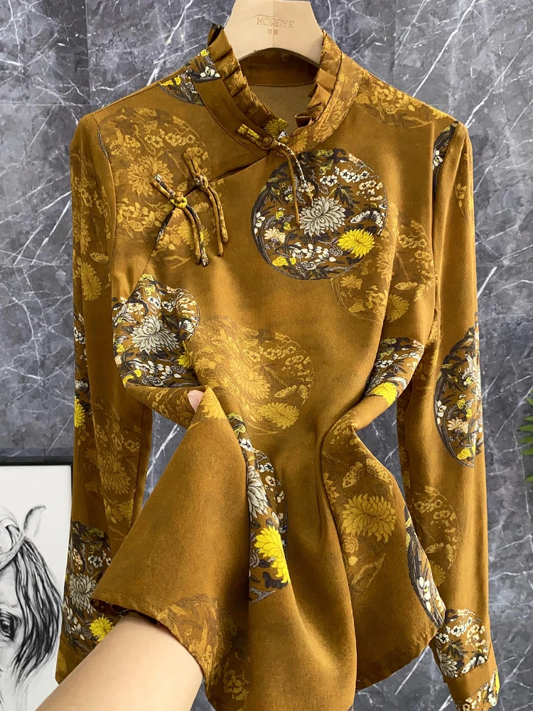 

Retro Chinese Sle Silk irt Stand Collar Side Button Floral Print Long Sve Regular Fit Women's Premium Faion Top