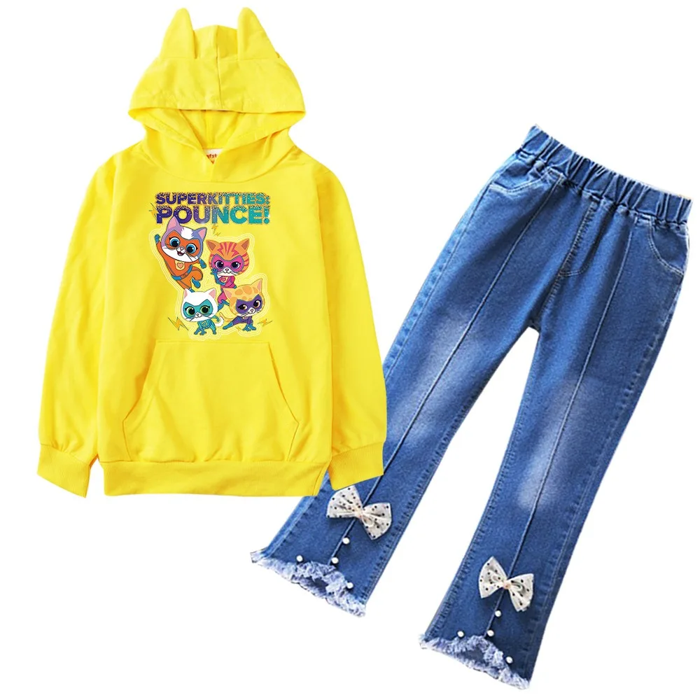 

New Superkitties Hoodie Baby Girls Super Cats Clothes Kids Autumn Hoody Sweatshirts Denim Jeans Two-piece Sets Children Clothing