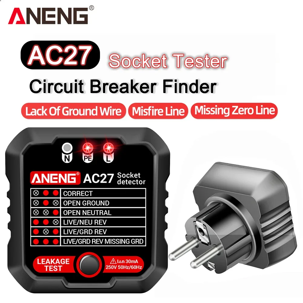 

ANENG AC27 Socket Tester Voltage Test Socket Detector EU/US Plug Ground Zero Line 30mA Rcd NCV Polarity Phase Check Test Tools