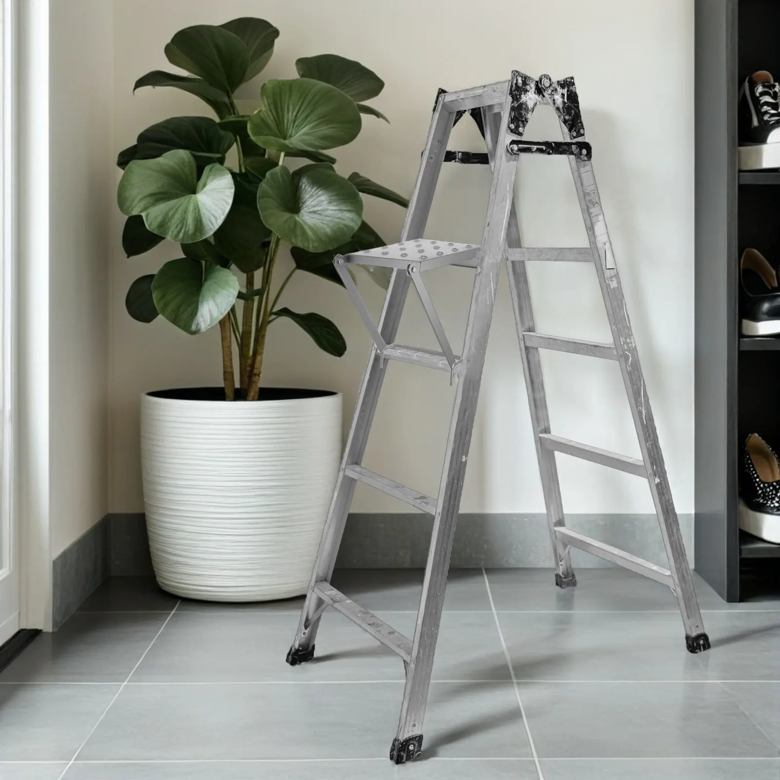 Foldable Ladder Storage Rack Heavy Duty Space Saving Organizer Adjustable Height for Home Kitchen Garage Folding Shelf