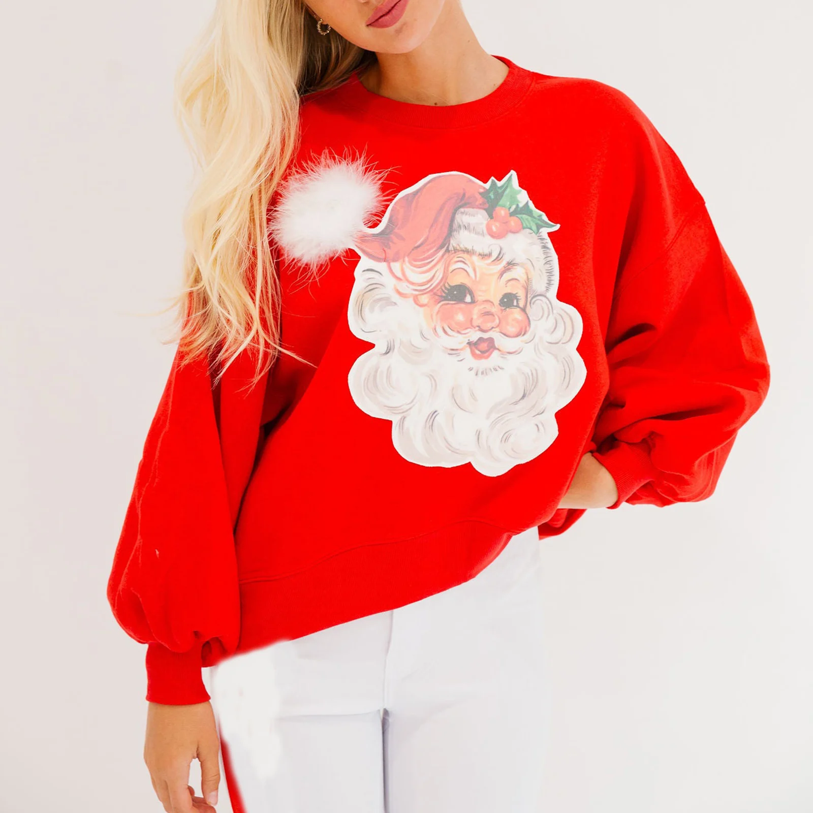 Women's Fashion Christmas Loose Sweatshirts Long Sleeve Round Neck Santa Claus Pullover Casual Hoodies Tops Streetwear