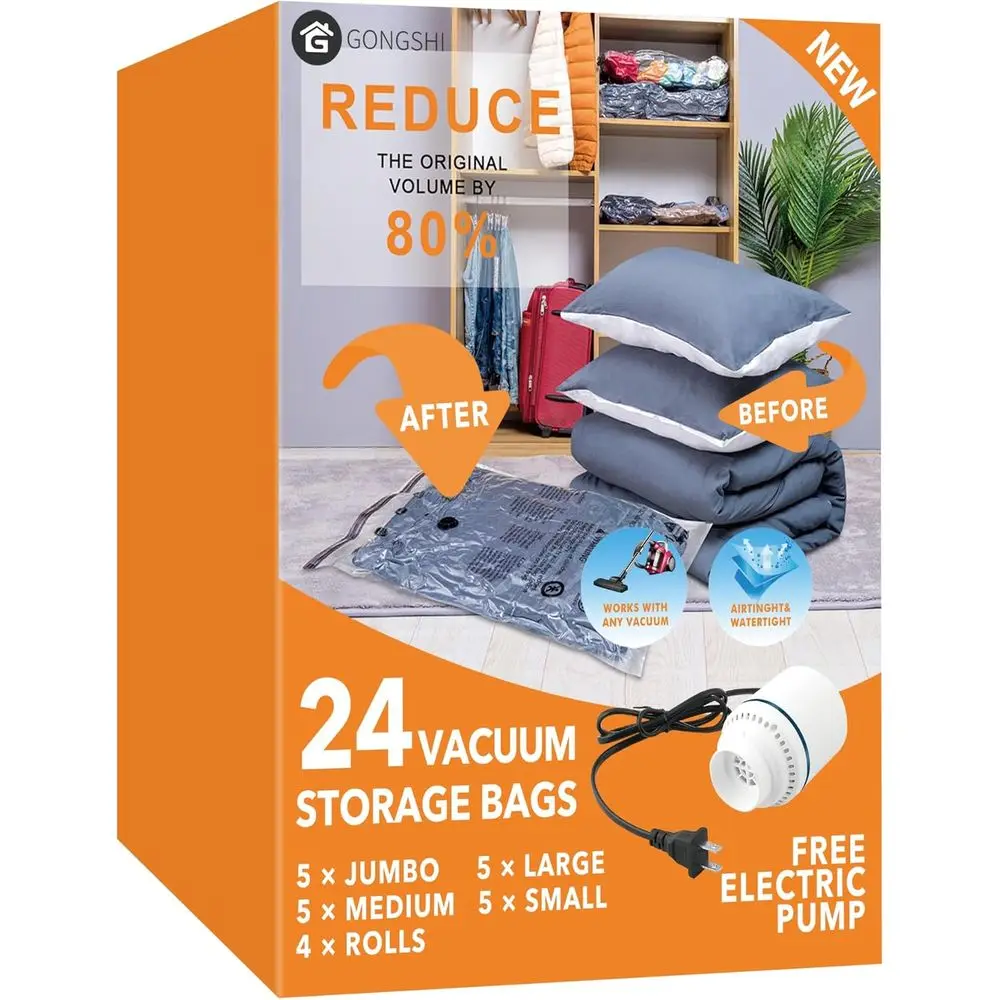 

24 Pack Vacuum Storage Bags with Electric Pump, (5 Jumbo, 5 Large, 5 Medium, 5 Small, 4 Roll Up Bags) Space Saver Bag for Clothe
