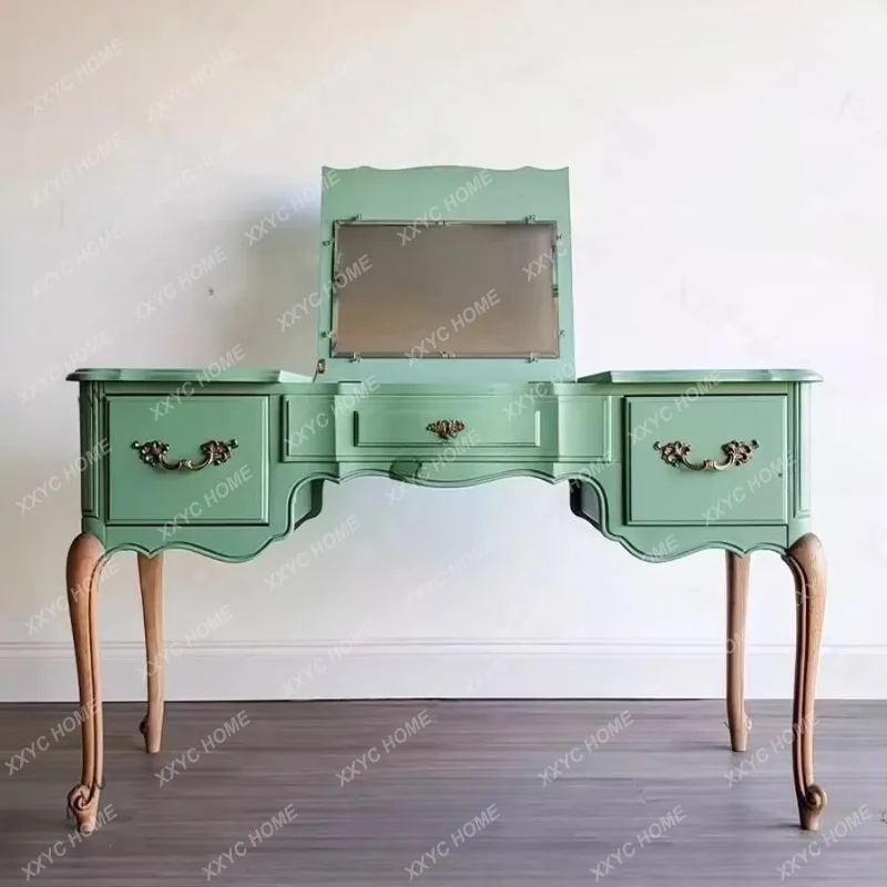XX retro solid wood dresser, old contrasting colors, flip cover, makeup table, simple writing desk, computer engraving