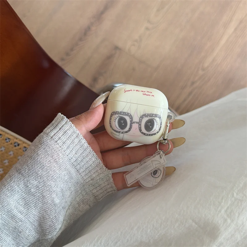 

Kawaii Anime Girl AirPods Case With Glasses Charm For AirPods Pro 2 4 3 2 1 AirPods Pro3 Glossy TPU Cover