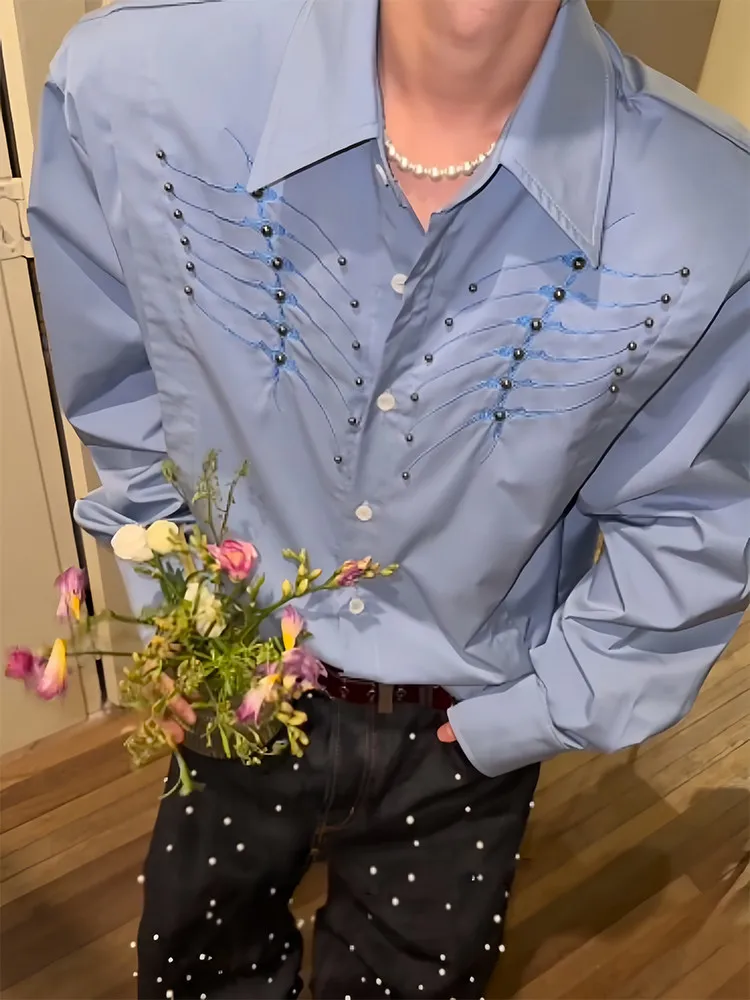 

Men's Loose Long Sve irt Embroidered Rivet Spine Casual Sle Autumn Spring Faion Outerwear