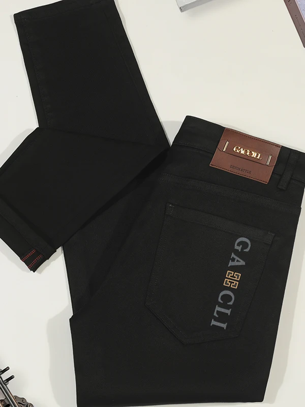 

Мужские джинсы прямого кроя Slim Fit, осенне-зимние, с вышивкой, чисто черные, эластичные, повседневные, деловые, длинные брюки