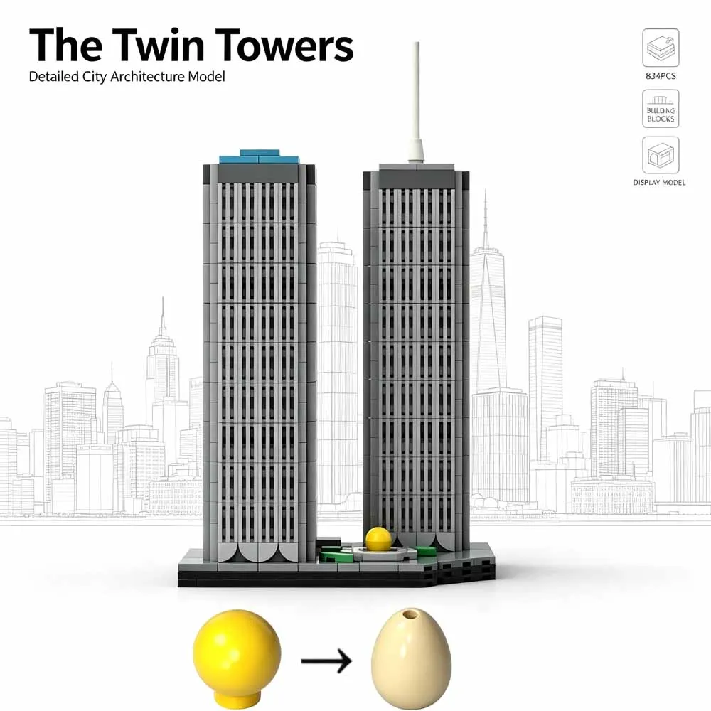 MOC Twin Towers Architecture Model 834PCS City Skyline Building Blocks Kit DIY Assemble Desktop Display Toy Gift For Adult
