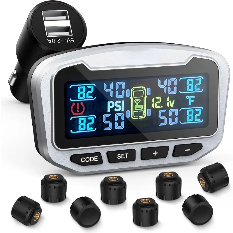 

RV Tire Pressure Monitoring System, Trailer TPMS, 8 Sensors, 6 Alert Modes, Long Range Signal, CLA Charging & 2 USB-A Outputs