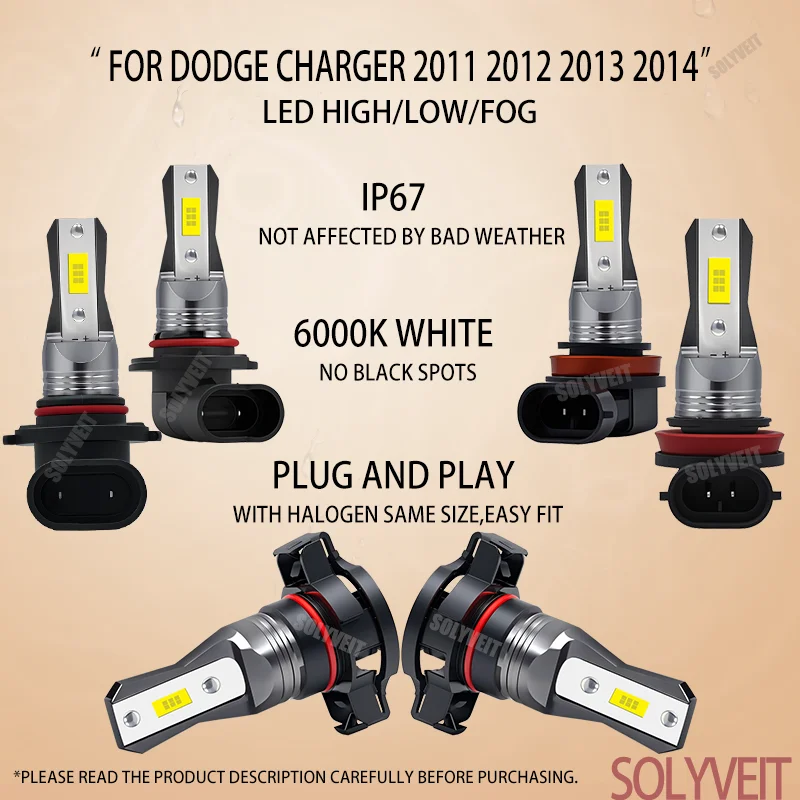 

9005 H11 H16 LED High Low Fog Kit "Direct Replacement" for Halogen Bulbs 6000k Same Size For Dodge Charger 2011 2012 2013 2014