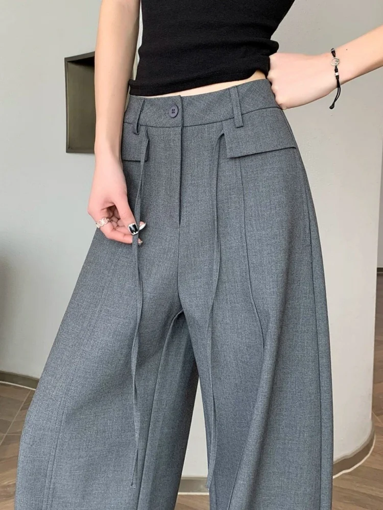 

High Waist Straight Leg Grey Suit Pants Women's Summer 2026 New Style Korean Commute Wind Pocket Detail Non-Stretch