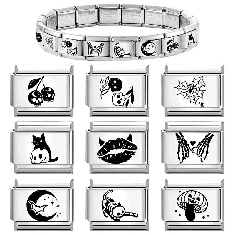 New Laser Engraving cherry Moon Halloween Italian Charm Links Fit 9mm Stainless Steel Bracelet Women DIY Making Gifts