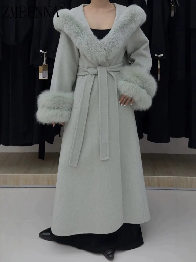 

ZMEENNA женское светло-зеленое длинное пальто из смесовой шерсти с меховым воротником и манжетами с поясом на талии, элегантное теплое зимнее пальто ZM4608