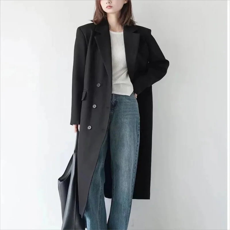 

autumn Fashion Women Suit Long Coats Harajuku Double Breasted Solid Long Windbreaker Elegant Office Lady Solid All Match Jackets