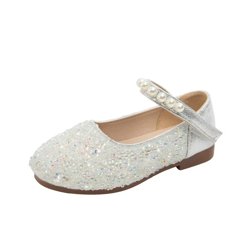 Little Girls Glitter Mary‑Jane Princess Flat Shoes, Pearl Strap Magic‑Toddler Flower Girl Dress Shoes for Party Wedding Birthday