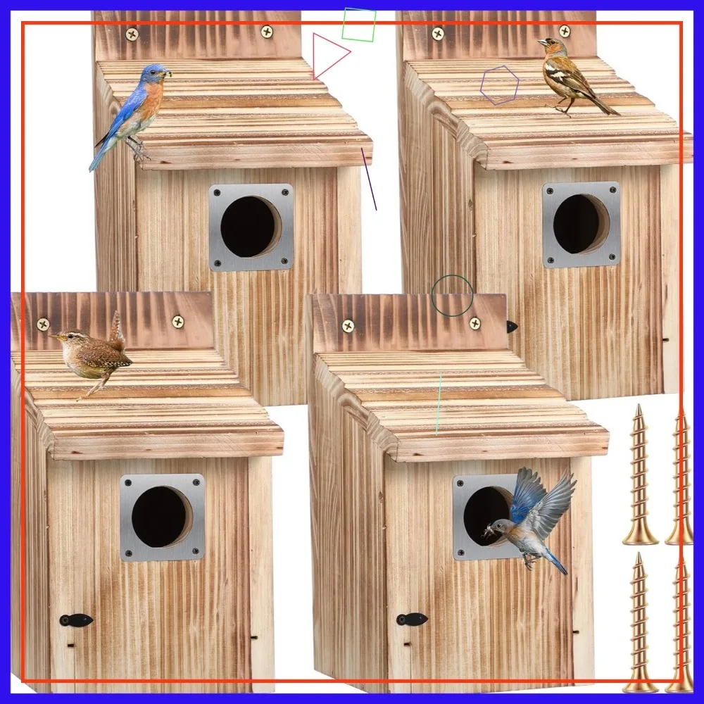 

4 Pack Cedar Bluebird Box Houses with 1-1/2" Hole, Metal Guard, Secure Latch for Outdoor Bird Nesting