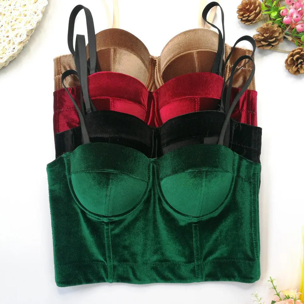 European And American Real Velvet Suspenders, Fish Bone Bras, Solid Color Korean Velvet Steel Ring Body Sculpting Vest, Short Tu