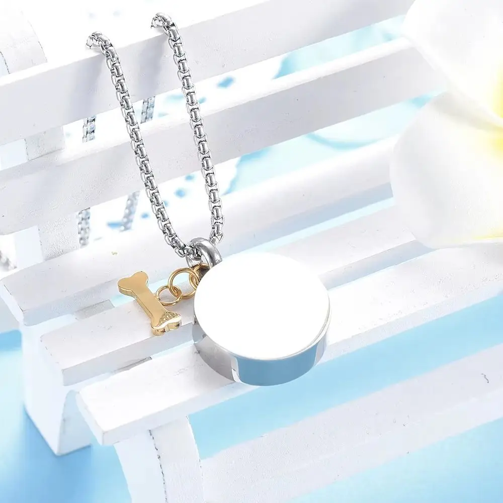 Cute Paw Print Urn Necklace Stainless Steel Opeanable Cremation Jewelry Round Dog Bone Ashes Memorial Pendant Keepsake