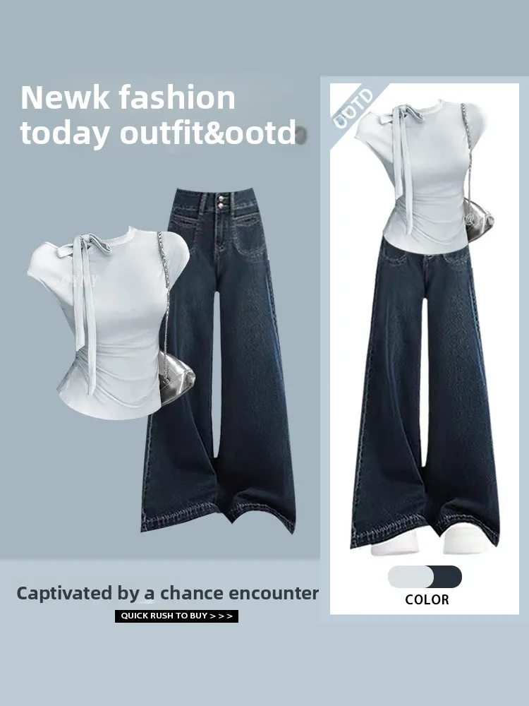 

Летняя футболка ort Sve с узлом и поясом, облегающий плиссированный комплект из двух предметов и широкие джинсы, повседневная одежда из полиэфирного волокна