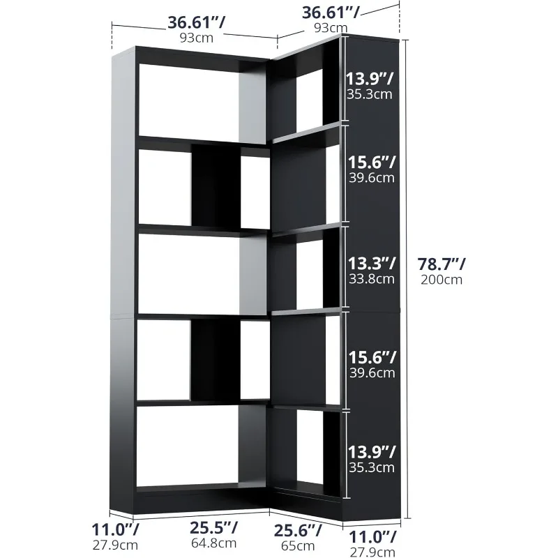 Corner Bookcase Vertical 5 Tier Display Storage Shelf 78 in Tall Bookcase Home Modern L Shape Design Furniture