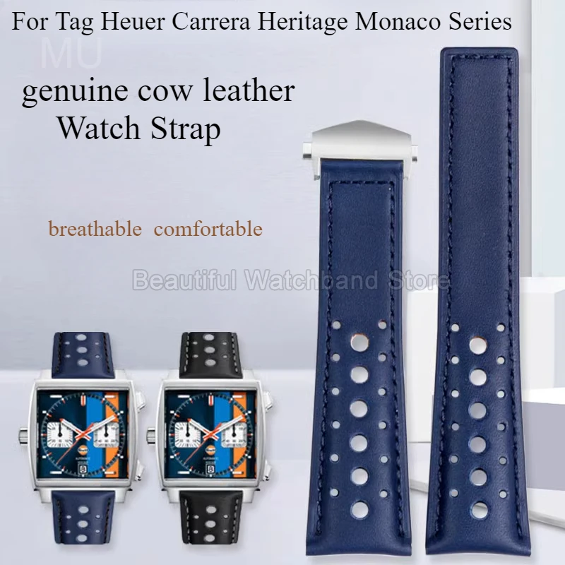 Great Air Permeability Sweatproof Watchbands for Tag Heuer Carrera Heritage Monaco Series Delicate Cowhide Watch Strap 22mm