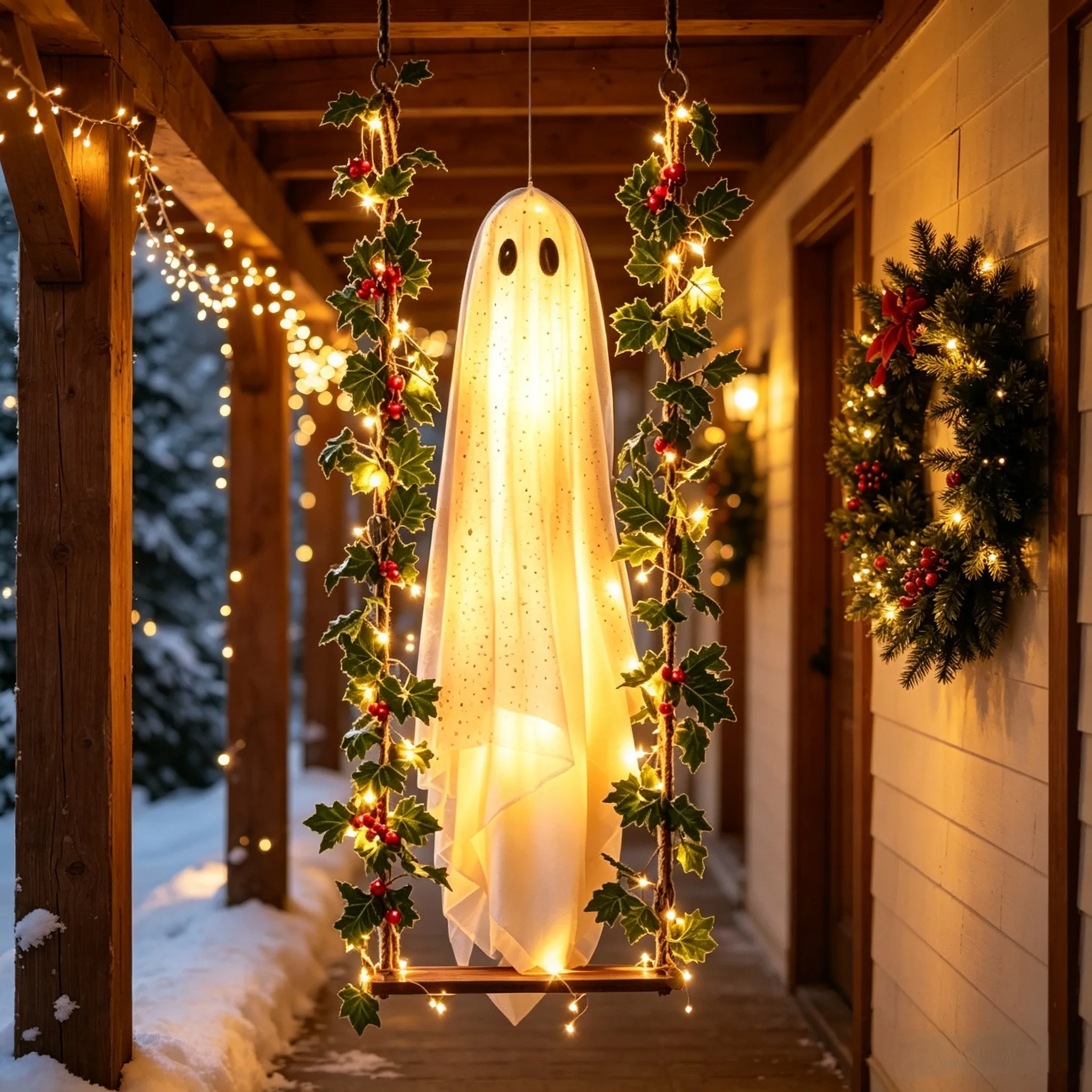 Light Up Ghosts On Swing With Ivy Garland And Red Berries Warm Glow Hanging Ornaments For Christmas Tree Yard Porch Holiday Deco