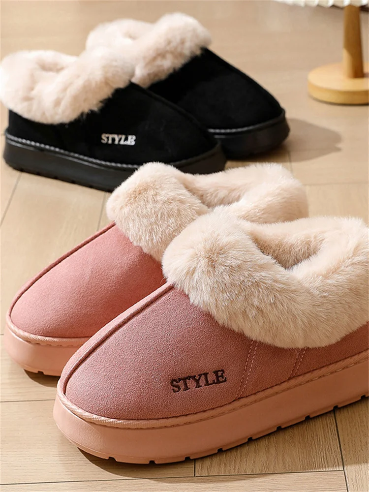 Msfilia Winter Large Size Thick Bottom Indoor Suede Slippers Casual Velvet Fur Cotton Shoes Women Anti Slip Slippers
