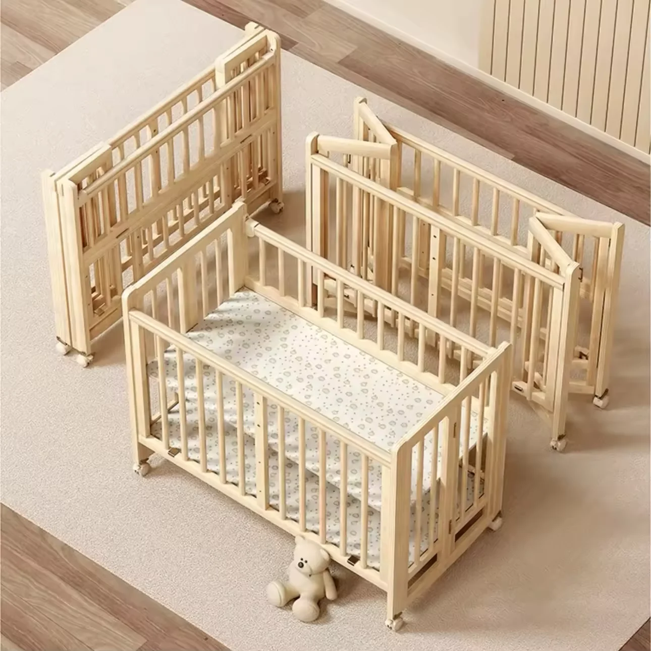 

Factory Price Foldable Multifunction Solid Wood Baby Cot Bed Adjustable Height Wooden Kids Cribs With Mosquito Net