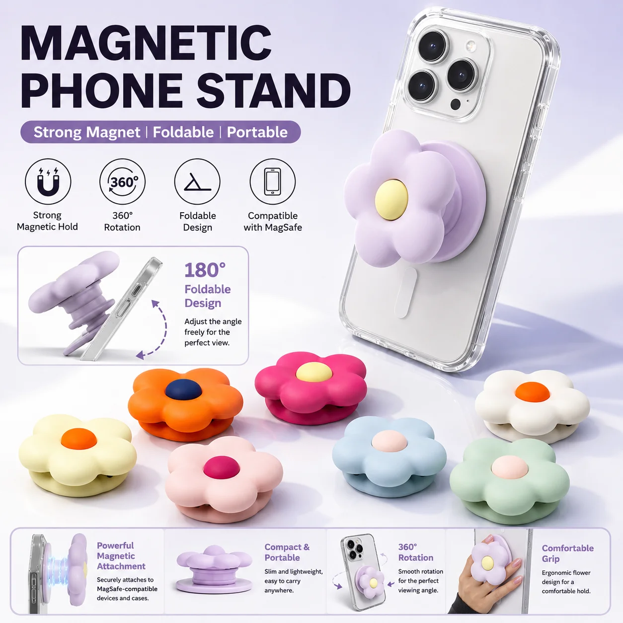 Sweet Cute Korean 3D Flower Magnetic Phone Stand Cartoon Telescopic Portable Stand Magnetic Mobile Phone Airbag Stand Girl Gifts
