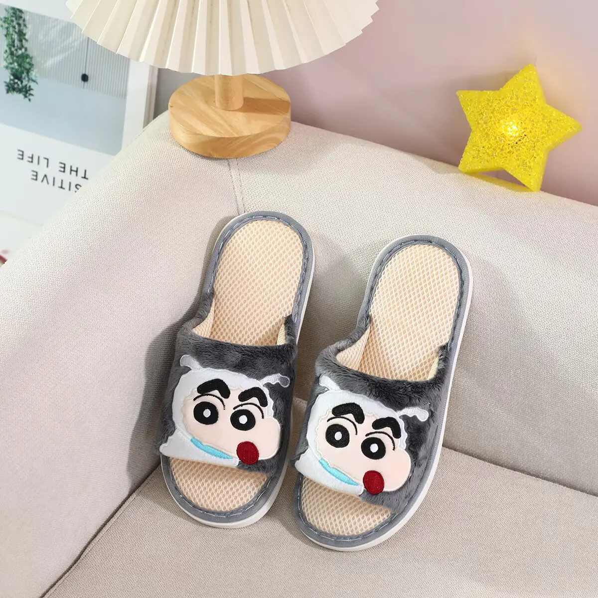 Crayon Shin-chan Open-Toe Slippers Women Cartoon Mesh Breathable Slippers Cozy Plush House Shoes Female Bedroom Cute Flat Slides