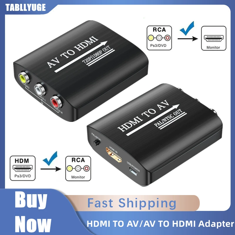 Adaptateur AV vers RCA 1080P Compatible HDMI, Convertisseur AV vers HDMI, Convertisseur de Détartreur Composite Vidéo RCA AV/CVSB pour Projecteur PC