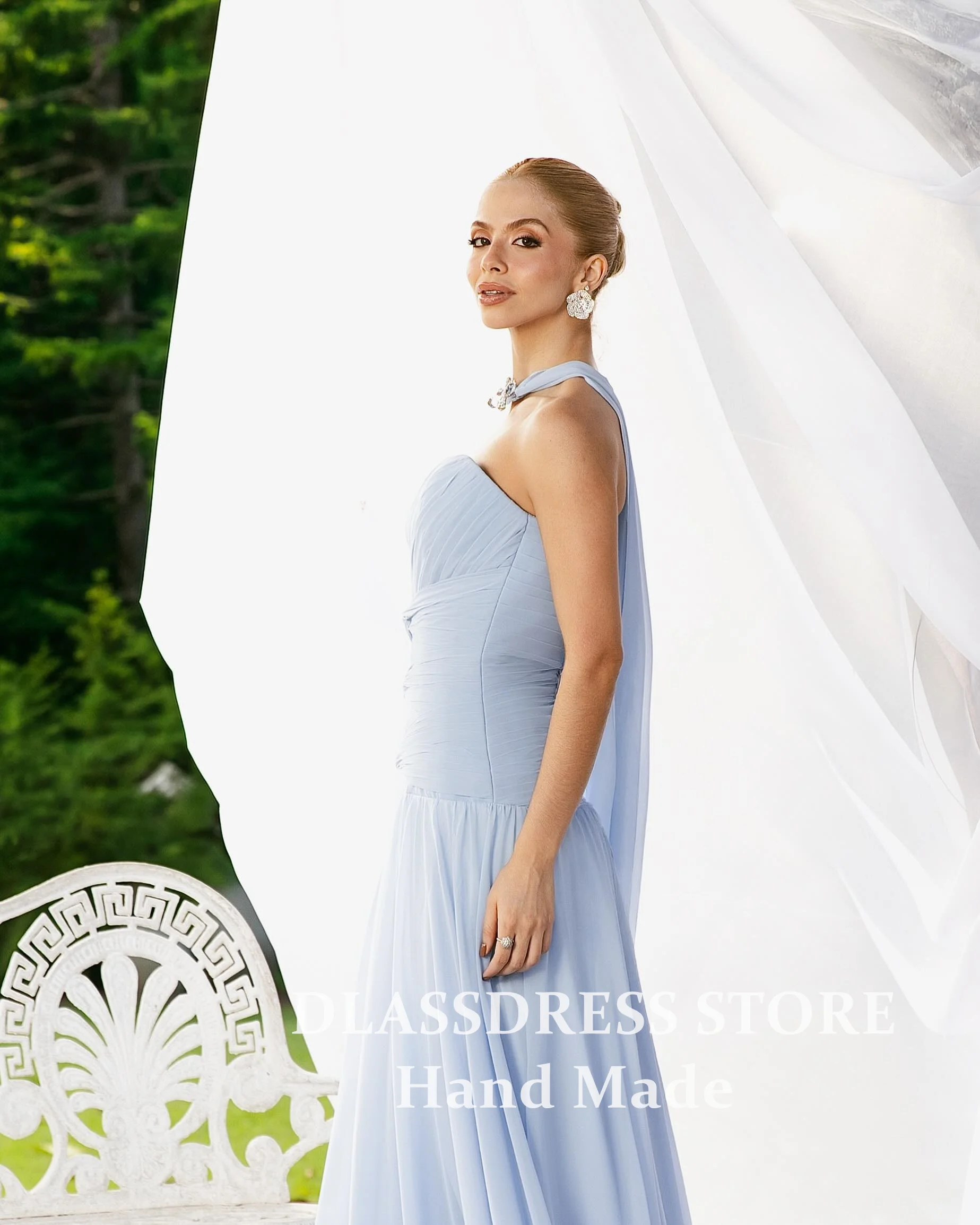 Customized Sky Blue Chiffon Prom Dresses with Scarf A-Line Evening Gowns Pleated Ruched Formal Party Dress vestido de festa 2