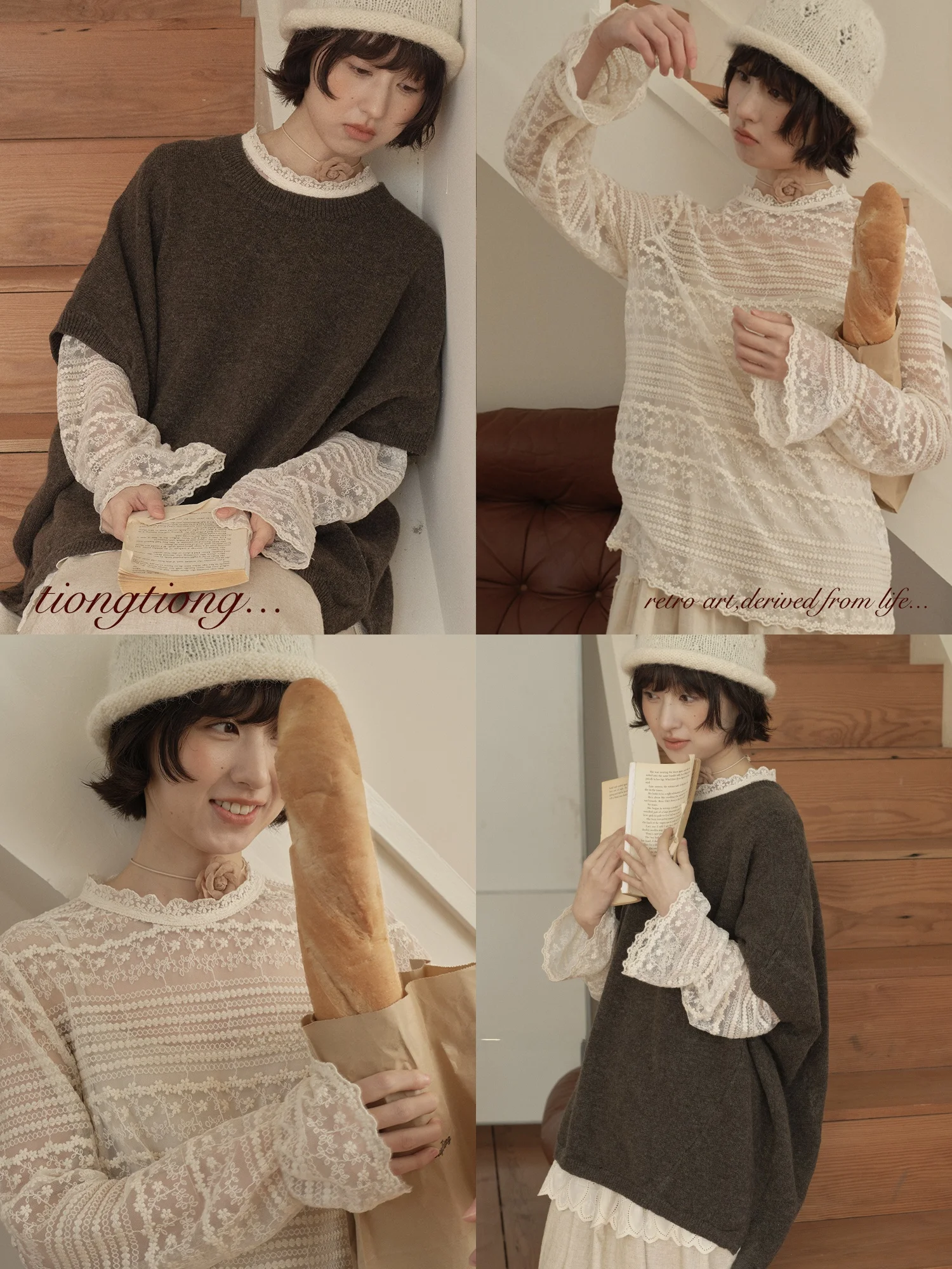 

Retro Floral Lace Base irt Women's Loose Sle Cotton Long Sve round Ne Slimming Top for Spring Faionable Layering