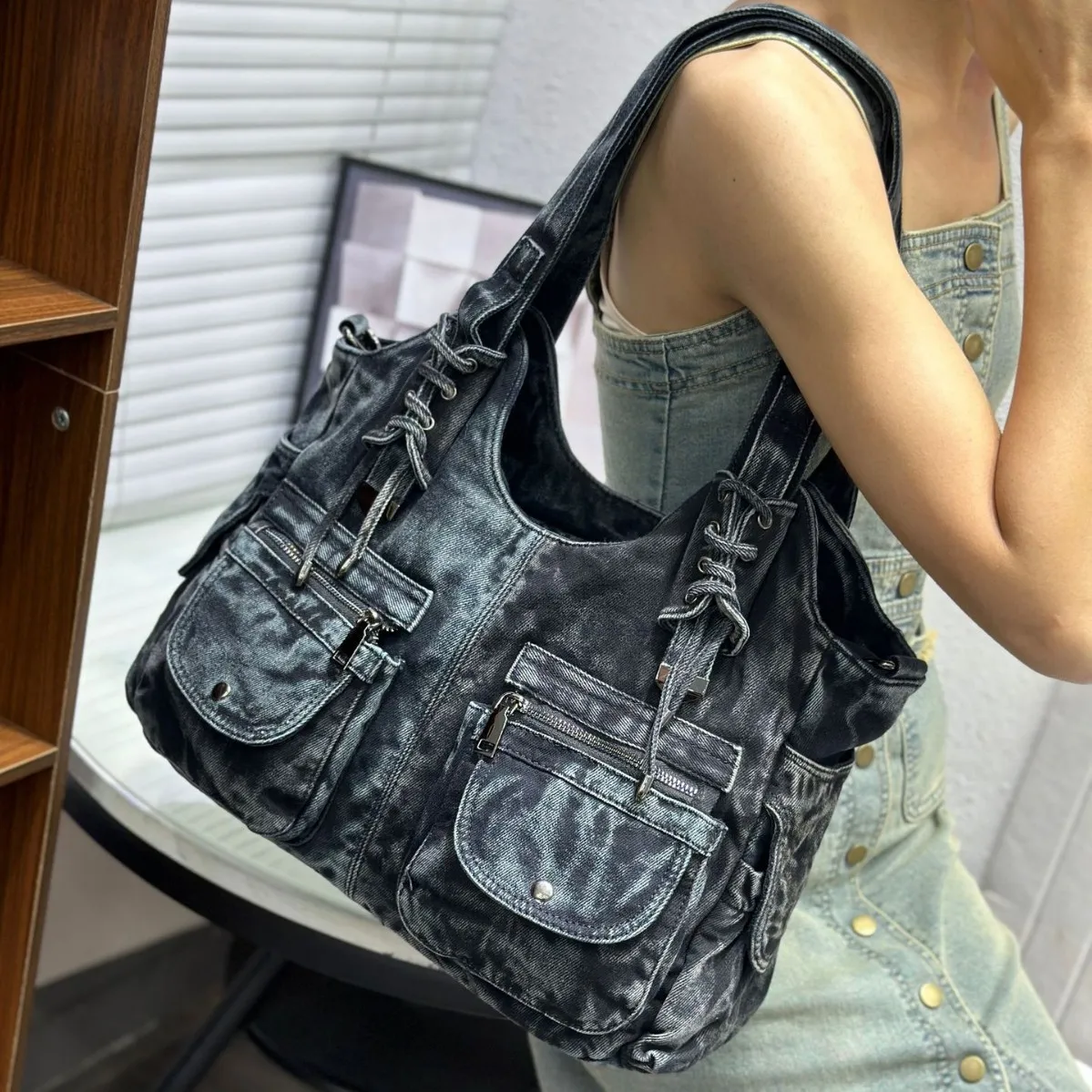 Women's Denim Bag Y2K Vintage Blue Jean Purse and Handbags Crossbody Shoulder Wallet Large Capacity