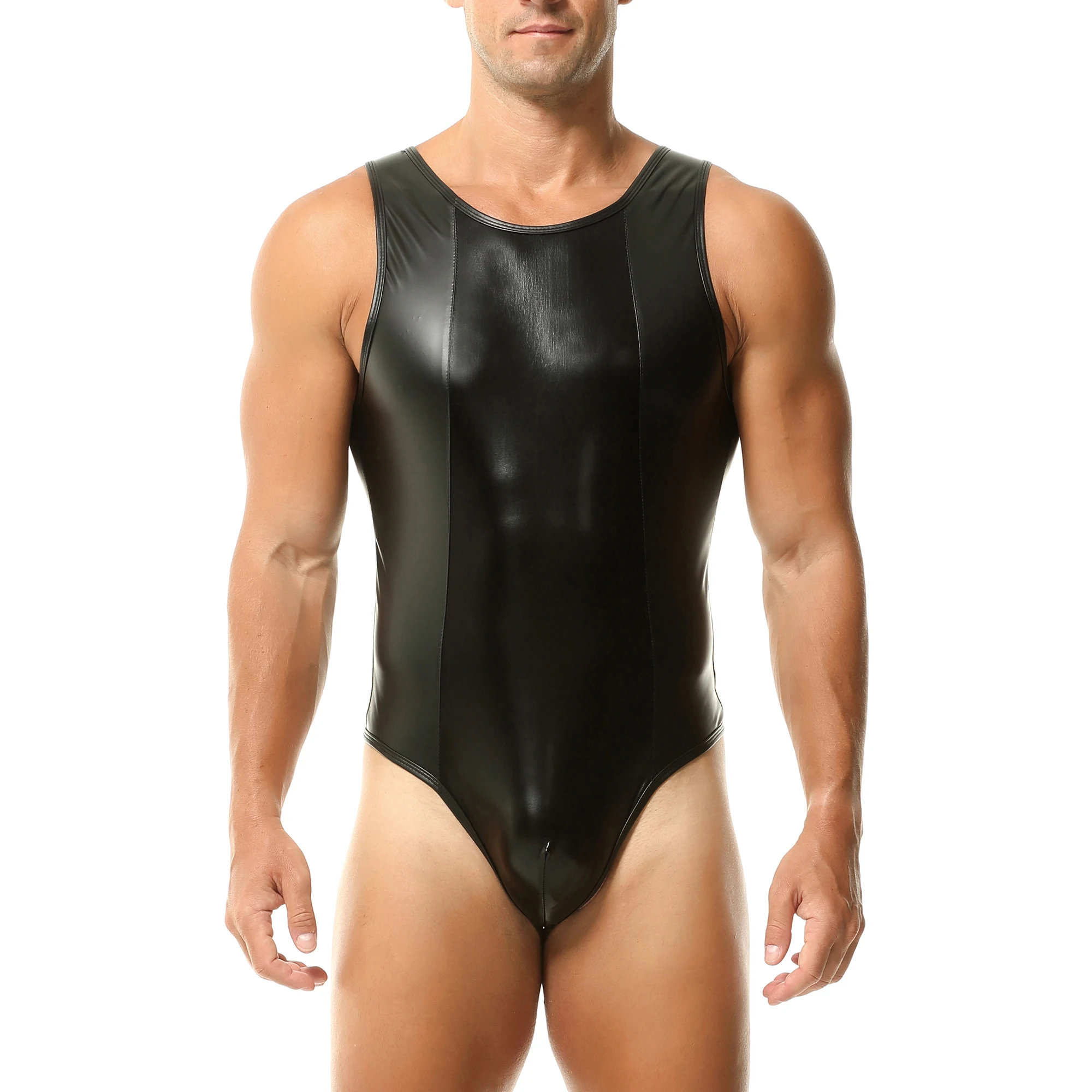 

Сексуальное мужское боди из искусственной кожи без рукавов, борцовская майка с молнией сзади, эластичный купальник, мужские стринги, комбинезон, майки