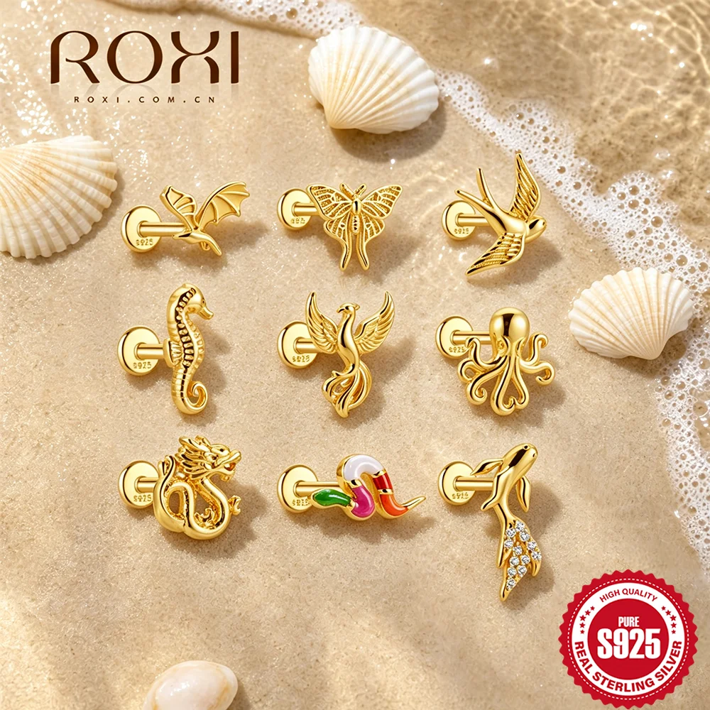 ROXI 925 Sterling Silber 1 Stück Ohrring 18K Vergoldet Tierserie Fledermaus Schmetterling Oktopus Goldfisch Hypoallergen Täglich Tragbar
